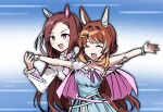  2girls animal_ears blue_background breasts brown_hair closed_eyes commentary_request ear_covers ehogari hair_down hand_grab highres horse_ears horse_girl jacket korean_commentary medium_breasts multicolored_hair multiple_girls north_flight_(light_blue_flash)_(umamusume) north_flight_(umamusume) official_alternate_costume official_alternate_hairstyle open_mouth orange_hair purple_eyes sakura_bakushin_o_(swift_runner_of_spring_thunder)_(umamusume) sakura_bakushin_o_(umamusume) single_ear_cover streaked_hair umamusume upper_body white_jacket 