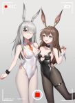  2girls :d amiya_(arknights) animal_band animal_ears arknights battery_indicator black_legwear black_leotard black_neckwear bow bowtie breasts brown_hair bunny_cutout bunny_ears bunny_tail chinese_commentary clothing_cutout commentary_request dated detached_collar filming frostnova_(arknights) green_eyes grey_background grey_eyes hair_over_one_eye heart_cutout heart_ring highres kurosara leotard long_hair looking_at_viewer medium_breasts mixed-language_commentary multiple_girls navel_cutout necktie open_mouth pantyhose playboy_bunny rabbit_girl recording silver_hair simple_background small_breasts smile standing strapless strapless_leotard tail thigh_strap underboob_cutout white_legwear white_leotard wrist_cuffs yellow_neckwear 