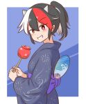  1girl alternate_costume black_streaks blue_kimono blush bow candy_apple commentary_request cowboy_shot food grin half_updo hand_fan holding holding_candy_apple holding_food japanese_clothes kijin_seija kimono looking_at_viewer looking_to_the_side mizusoba multicolored_hair ponytail purple_bow purple_sash red_hair red_streaks sash short_hair short_ponytail smile solo streaked_hair touhou v-shaped_eyebrows waist_bow white_streaks yukata 