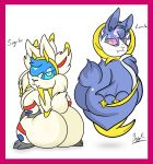  2018 anthro big_butt black_fur blue_eyes bunearyk butt colored duo fangs female fur hands_on_hips hi_res hovering lagomorph looking_at_butt looking_at_viewer looking_back looking_down lunala male mammal nintendo nub_tail pink_eyes pok&eacute;mon pok&eacute;mon_(species) presenting presenting_hindquarters rabbit rear_view signature simple_background small_tail solgaleo standing striped_fur stripes sweat text thick_thighs video_games white_fur wide_hips wings 