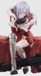  1girl absurdres alternate_costume ashita_kura blue_eyes blue_hair boots breasts christmas cleavage fingerless_gloves gift girls_frontline gloves hair_over_one_eye highres knee_boots knee_pads mg5 mg5_(girls_frontline) one_eye_covered sack santa_costume scarf smile solo 