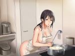  apron areola_slip areolae blush breasts brown_eyes brown_hair cooking door food highres holding indoors inkey kitchen ladle large_breasts legs long_hair long_ponytail looking_at_viewer matching_hair/eyes naked_apron original parted_lips ponytail risou_no_oku-san_to!_shitaikoto,_zenbu solo standing thighs 
