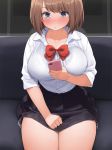  1girl bangs black_shirt blue_eyes blush bow bowtie breasts brown_hair cellphone commentary_request holding holding_phone kaisen_chuui large_breasts original panties phone pleated_skirt red_bow red_neckwear school_uniform shirt short_hair short_sleeves side-tie_panties side-tie_peek sitting skirt smartphone solo train_interior underwear white_shirt 