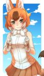 1girl animal_ear_fluff animal_ears bangs bare_arms bare_shoulders blue_sky brown_hair clenched_hands cloud commentary cowboy_shot dhole_(kemono_friends) dog_ears dog_tail eyebrows_visible_through_hair fur_collar gloves highres kemono_friends looking_at_viewer multicolored_hair orange_hair orange_ribbon orange_skirt pleated_skirt ribbon shirt short_hair skirt sky sleeveless sleeveless_shirt smile solo tail thin_(suzuneya) two-tone_hair white_gloves wrist_ribbon yellow_eyes 