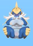  anthro armor big_breasts blue_body blush breasts facial_hair female genitals headgear helmet hi_res horn looking_at_viewer mammal nintendo nipples nude pok&eacute;mon pok&eacute;mon_(species) pussy red_eyes samurott simple_background solo thick_thighs video_games 