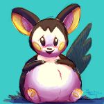  1:1 2015 after_vore ambiguous_gender belly big_belly blue_background blush breakersunny duo emolga hi_res lying mammal nintendo overweight pok&eacute;mon pok&eacute;mon_(species) rodent sciurid simple_background video_games vore white_belly 