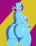  absurd_res alien big_breasts big_butt blue_body blue_skin breasts butt crossgender dezmine21 dragon_ball dragon_ball_z female hi_res humanoid looking_back nipples not_furry nude open_mouth simple_background solo thick_thighs zeno 