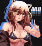  1girl air_jordan animal_ears armband bangs bikini black_background black_bikini blue_nails borrowed_character breasts brown_eyes brown_jacket cat_ears character_name cleavage dayshiart english_commentary eyebrows_visible_through_hair floating floating_object hair_between_eyes highres jacket large_breasts logo off-shoulder_jacket open_mouth original solo swimsuit v 