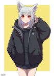  1girl animal_ear_fluff animal_ears arm_up artist_name bangs black_coat black_hoodie blush border closed_mouth coat cowboy_shot eyebrows_visible_through_hair hand_in_pocket highres hood hood_down hoodie long_hair long_sleeves looking_at_viewer nayuhi_(yukimuu14) open_clothes open_coat original outside_border puffy_long_sleeves puffy_sleeves red_eyes silver_hair simple_background smile solo thigh_gap white_border yellow_background 