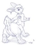  2020 4:5 blue_and_white blush breasts ear_piercing ear_ring female flinters fur genitals hair hi_res lagomorph lagomorph_taur leporid leporid_taur looking_back mammal mammal_taur monochrome nipples piercing pussy rabbit rabbit_taur rear_view solo taur whiskers 