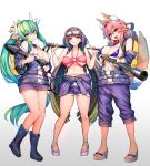  3girls animal_ear_fluff animal_ears bangs bare_shoulders bikini blue_bikini blue_jacket blue_shorts blush boots breasts brown_hair cleavage clothes_around_waist collarbone dragon_horns fate/extra fate/grand_order fate_(series) fox_ears fox_girl fox_tail goggles goggles_on_head gradient_hair green_hair highres horns jacket jacket_around_waist kiyohime_(fate/grand_order) large_breasts long_hair looking_at_viewer multicolored_hair multiple_girls multiple_horns navel off_shoulder open_mouth osakabe-hime_(fate/grand_order) pink_bikini ponytail purple_eyes sandals shorts sidelocks ski_goggles smile swimsuit tail tamamo_(fate)_(all) tamamo_no_mae_(fate) twintails very_long_hair white_bikini wisespeak yellow_eyes 