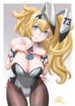  1girl animal_ears artist_name black_legwear blonde_hair blue_eyes breasts bunny_ears cleavage cowboy_shot detached_collar eyebrows_visible_through_hair fake_animal_ears fingernails gambier_bay_(kantai_collection) hair_between_eyes highres kantai_collection large_breasts leotard long_hair looking_at_viewer pantyhose signature solo t2r twintails wrist_cuffs 
