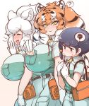  3girls ? animal_ears arm_at_side bag bangs bare_arms belt big_hair black_hair breast_envy breast_pocket breasts brown_eyes brown_hair captain_(kemono_friends) cat_girl closed_eyes collared_shirt cowboy_shot extra_ears eyebrows_visible_through_hair from_side furrowed_eyebrows gigantic_breasts gloves hand_to_own_mouth hand_up hands_up height_difference highres impossible_clothes impossible_shirt kemono_friends light_brown_hair lion_ears long_hair looking_at_another looking_down multicolored_hair multiple_girls open_mouth parted_lips photo_(object) pocket shirt short_hair short_sleeves shorts shoulder_bag siberian_tiger_(kemono_friends) side_ponytail sidelocks smile spoken_question_mark spoken_squiggle squiggle streaked_hair tail tanaka_kusao tearing_up tiger_ears tiger_girl tiger_tail very_long_hair wavy_mouth white_hair white_lion_(kemono_friends) wing_collar yawning yellow_eyes 