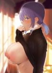  1girl areolae bangs black_shirt blurry blurry_background blush breasts breath depth_of_field from_side gradient_hair heart heart-shaped_pupils heavy_breathing iku_(ikuchan_kaoru) indie_virtual_youtuber indoors large_breasts lifted_by_self long_sleeves looking_at_viewer multicolored_hair nipples no_bra purple_hair shirt shirt_lift solo sweat sweater symbol-shaped_pupils upper_body virtual_youtuber 