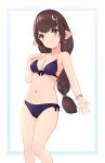  1girl absurdres bikini blush breasts brown_eyes brown_hair cleavage collarbone commentary_request earrings granblue_fantasy haaselia hair_ornament highres jewelry long_braid long_hair looking_at_viewer marui_koishi medium_breasts navel simple_background solo swimsuit white_background 