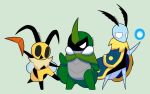  2020 ambiguous_gender antennae_(anatomy) armor arthropod bee beetle black_eyes blue_body boomerang bug_fables chest_tuft digital_media_(artwork) english_text fluffy green_background green_body hi_res holding_object holding_weapon hymenopteran inkky_scribbles insect insect_wings kabbu_(bug_fables) leif_(bug_fables) lepidopteran looking_at_viewer magic magic_user melee_weapon moonsprout_games moth neck_tuft simple_background stinger text tuft vi_(bug_fables) video_games weapon white_eyes wings yellow_body 