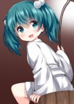  1girl bangs brown_background bucket eyebrows_visible_through_hair green_hair hair_bobbles hair_ornament highres kisume long_sleeves looking_at_viewer medium_hair open_mouth ruu_(tksymkw) shirt simple_background sitting smile solo touhou twintails white_shirt wide_sleeves wooden_bucket 