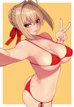  ahoge ass bangs bare_shoulders bikini blonde_hair blush braid breasts cleavage closed_mouth cocq_taichou collarbone fate/extra fate_(series) french_braid green_eyes hair_intakes hair_ribbon large_breasts long_hair looking_at_viewer navel nero_claudius_(fate) nero_claudius_(fate)_(all) red_bikini red_ribbon ribbon smile swimsuit thighs v yellow_background 