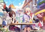  3girls ahoge behind_back bird black_hair blush brat breasts chair cloud commentary_request copyright_request drink fangs hat long_hair multiple_girls official_art one_eye_closed open_mouth orange_hair purple_hair short_hair sky table virtual_youtuber 