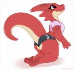  2020 3_fingers 3_toes anthro blush bottomwear clothed clothing female fingers fully_clothed kaida_(louart) kneeling kobold midriff prettypinkpony red_body scalie simple_background solo toes topwear white_background 