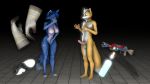  16:9 3d_(artwork) 4_toes 5_fingers 5_toes anthro balls blue_body blue_fur blue_hair breasts canid canine claws clothing digital_media_(artwork) duo female fingers floating fox fox_mccloud fur genitals gloves gun hair handwear interactivefootstuff krystal mammal nintendo orange_body orange_fur penis ranged_weapon standing star_fox toe_claws toes video_games weapon white_body white_fur white_hair widescreen 