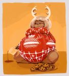  2018 belly beverage big_belly breasts brown_body brown_skin christmas cookie female food hi_res holidays horn humanoid orange_background overweight overweight_female overweight_humanoid simple_background sitting solo stuffing susfishous 