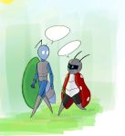  2020 4ce ambiguous_gender ant antennae_(anatomy) armor arthropod beetle blue_body blue_eyes bug_fables cape celia_(bug_fables) clothed clothing cucujoid digital_media_(artwork) duo fingers headgear helmet hi_res holding_object holding_weapon humanoid hymenopteran insect ladybug levi_(bug_fables) melee_weapon moonsprout_games open_mouth outside polearm shield simple_background smile standing sun sword video_games walking weapon white_eyes 
