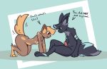  anthro bodily_fluids canid canine digitigrade disappointed duo english_text erection excited genital_fluids genitals hi_res male male/male mammal nipples owo penis precum tailwag text thick_thighs tinysmallman unimpressed wide_hips 