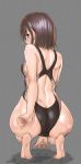  1girl ass back barefoot black_swimsuit blue_eyes breasts brown_hair eyebrows_visible_through_hair from_behind full_body grey_background highres inu_(aerodog) looking_at_viewer looking_back one-piece_swimsuit original short_hair simple_background small_breasts soles solo squatting swimsuit wet wet_hair 