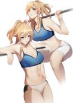  1girl bangs bare_arms bare_shoulders blonde_hair blush breasts buruma cleavage commentary cowboy_shot crop_top english_commentary genshin_impact hair_between_eyes highres jean_gunnhildr krirk large_breasts long_hair midriff multiple_views navel parted_lips ponytail purple_eyes shorts simple_background sports_bra standing stomach thighs white_background white_shorts 