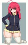  ahoge animal_ears commentary_request flat_chest hand_on_hip highres hinoko_(sawati) jacket original red_eyes red_hair sawati skindentation thick_thighs thighhighs thighs tight wide_hips 