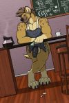  2019 2:3 4_toes 5_fingers absurd_res anthro apron apron_only balls beverage biceps big_penis biped black_claws black_nose black_penis brown_body brown_fur brown_tail chair claws clothing coffee coffee_shop coin countershading cup detailed_background dissimulated dutch_angle ear_piercing english_text eyebrows fingers fur furniture genitals glans gloves_(marking) grin half-erect hi_res humanoid_genitalia humanoid_penis hyaenid inside leg_markings looking_at_viewer male mammal markings money mostly_nude motion_lines muscular muscular_anthro muscular_male penis piercing plate smile socks_(marking) solo spots spotted_body spotted_fur spotted_hyena text tipping toes trystan_(dissimulated) vein veiny_penis waiter yellow_eyes 