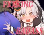  2girls aningay ass ass_grab aug_para_(girls_frontline) bangs black_background blush censored_text english_text girls_frontline hair_ribbon long_hair multiple_girls open_mouth profanity ribbon silver_hair simple_background trembling twintails vhs_(girls_frontline) wrist_cuffs yellow_eyes yuri 