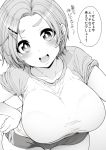  1girl bra_through_clothes bralines breasts eyebrows greyscale hair_ornament hairpin highres idolmaster idolmaster_cinderella_girls large_breasts looking_at_viewer monochrome ryuuzaki_kaoru see-through shirt shirukuma short_shorts shorts translation_request wet wet_clothes wet_shirt 