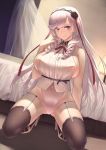  1girl algerie_(azur_lane) azur_lane bangs bare_shoulders bed black_legwear breasts closed_mouth covered_navel drill_hair fine_fabric_emphasis floating_hair garter_straps high_heels highres indoors itaco large_breasts long_hair looking_at_viewer mole mole_under_eye purple_eyes sideboob silver_hair smile solo spread_legs squatting thighhighs very_long_hair 