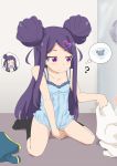  1girl 2girls ? black_legwear closed_eyes double_bun female_pervert gobanme_no_mayoi_neko hair_bun hair_ornament heart heart_hair_ornament highres kneehighs lingerie long_hair mouse_print multiple_girls negligee ochikobore_fruit_tart pervert purple_eyes purple_hair sekino_chiko sekino_roko siblings sisters sitting smelling solo underwear wariza 