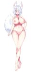  1girl animal_ear_fluff animal_ears ass_visible_through_thighs barefoot blue_eyes blush breasts completely_nude crossed_legs eyebrows_visible_through_hair fox_ears fox_tail full_body hair_over_one_eye hand_on_hip highres huge_breasts jewel_(the_black_canvas) looking_at_viewer lulu_(one_shota_one) navel nipples nude one_shota_one parted_lips sidelocks simple_background solo standing tachi-e tail thigh_gap transparent_background white_hair 