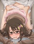  1boy 1girl ahoge all_fours blush bow braid brown-framed_eyewear brown_hair clothed_sex commentary_request doggystyle eyebrows_visible_through_hair glasses hair_bow hetero idolmaster idolmaster_cinderella_girls long_hair okuyama_saori open_mouth panties panties_aside pink_skirt sex sex_from_behind skirt striped striped_panties tomu_(tomubobu) twin_braids underwear wavy_mouth yellow_bow 