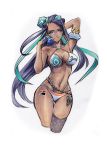  1girl aqua_eyes aqua_hair armlet bangs bikini black_hair breasts cleavage closed_mouth dark_skin earrings gloves gym_leader hair_ornament halterneck highres holding hoop_earrings jewelry lips long_hair looking_at_viewer medium_breasts multicolored_hair navel nessa_(pokemon) o-ring poke_ball pokemon pokemon_(game) pokemon_swsh rodrigo_yoshimiya simple_background smile solo stomach swimsuit tattoo thighs tied_hair two-tone_hair 