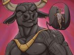  4:3 anthro antlers armor athletic athletic_anthro athletic_male black_body bovid bovine bracers bust_portrait cervid clothing deerpuff duo ear_piercing ear_ring european_mythology greek_mythology horn horn_ring labyrinth macro male mammal micro minotaur muscular muscular_anthro muscular_arms muscular_male mythology narrowed_eyes nipples ohohflamethrower pecs piercing pink_background portrait simple_background tan_body tattoo toga topless_male 