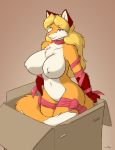  anthro april_(starfighter) big_breasts biped black_nose blonde_hair blue_eyes box breasts brown_background brown_body brown_fur canid canine cardboard_box chest_tuft curvaceous curvy_figure dipstick_tail female fluffy fluffy_hair fluffy_tail fox fur gift_wrapped glistening glistening_hair gloves_(marking) hair hi_res huge_breasts in_box long_hair looking_at_viewer mammal markings monotone_hair mostly_nude multicolored_body multicolored_fur multicolored_tail naturally_censored navel nipple_tuft open_mouth open_smile orange_body orange_fur ribbons simple_background smile solo standing starfighter three-quarter_view tuft two_tone_tail voluptuous white_body white_fur wide_hips 