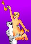  alcohol anthro beer beverage bird_dog blue_eyes brown_eyes canid canine canis collaboration domestic_dog duo felid fur golden_retriever grey_body grey_fur hi_res holding_object hug humanoid_hands hunting_dog looking_up male male/male mammal open_mouth pantherine purple_background retriever romeoarts simple_background smile snow_leopard white_body white_fur yellow_body yellow_fur 