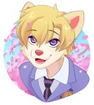  2020 anthro blonde_hair canid canine canis cherry_blossom clothed clothing domestic_dog fur hair hi_res luryry mammal necktie open_mouth open_smile plant purple_eyes shiba_inu smile solo spitz 