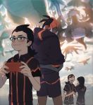  1girl 3boys black_hair black_hoodie blurry blush brown_hair closed_mouth collared_shirt commentary_request dark_skin dark_skinned_male dragonite flygon gen_1_pokemon gen_3_pokemon gen_4_pokemon gen_5_pokemon glasses gym_leader gym_trainer_(pokemon) hand_on_another&#039;s_waist holding hood hoodie hydreigon korean_commentary mikripkm multiple_boys orange_headwear pokemon pokemon_(creature) pokemon_(game) pokemon_swsh raihan_(pokemon) rotom rotom_phone salamence shirt shorts side_slit side_slit_shorts 