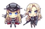  2girls akikaze_tsumuji belt bismarck_(kantai_collection) black_belt black_jacket black_legwear black_neckwear black_skirt blonde_hair blue_eyes bomber_jacket breastplate cannon chibi detached_sleeves dress_shirt flight_deck full_body grey_eyes gun gun_case hat hornet_(kantai_collection) jacket kantai_collection long_hair looking_at_viewer machinery military military_hat military_uniform multiple_girls necktie pantyhose peaked_cap pencil_skirt rifle shirt simple_background skirt standing thighhighs uniform weapon white_background white_shirt 