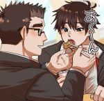  2boys bangs black_hair black_jacket blush brown_eyes brown_hair chopsticks feeding gakuran glasses highres hiota_(kuhi_0301) jacket long_sleeves looking_at_another male_focus master_4_(tokyo_houkago_summoners) multiple_boys open_clothes open_jacket open_mouth open_shirt partially_unbuttoned school_uniform shiro_(tokyo_houkago_summoners) short_hair smile thick_eyebrows tokyo_houkago_summoners translation_request upper_body yaoi 