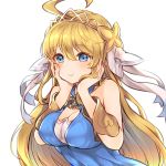  ahoge bare_shoulders blonde_hair blue_eyes blush breasts cleavage cygames dragalia_lost hair_ornament hair_ribbon hands_on_own_face highres jewelry long_hair looking_at_viewer nintendo pochi_(0523meiken) ribbon tiara white_background zethia 