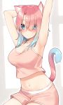  1girl absurdres animal_ears armpits arms_up blue_eyes breasts camisole cat_ears cat_girl cat_tail cleavage collarbone crop_top crop_top_overhang eyes_visible_through_hair go-1 gradient_hair hair_over_one_eye highres large_breasts long_hair looking_at_viewer midriff multicolored_hair navel original pink_hair pink_shirt pink_shorts shirt short_shorts shorts simple_background sleeveless sleeveless_shirt solo spaghetti_strap stomach tail white_background 