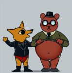  alpha_channel angus_delaney anthro belly boots briefs canid canine clothing duo eyewear footwear fox glasses gregg_lee hat headgear headwear jacket leather leather_jacket male male/male mammal navel necktie neenya night_in_the_woods overweight top_hat topwear underwear ursid video_games 