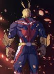  1boy absurdres all_might antenna_hair ass back blonde_hair blue_bodysuit bodysuit boku_no_hero_academia covered_eyes feet_out_of_frame from_behind hair_slicked_back highres male_focus medium_hair muscle petals skedoodly smile solo superhero thighs 